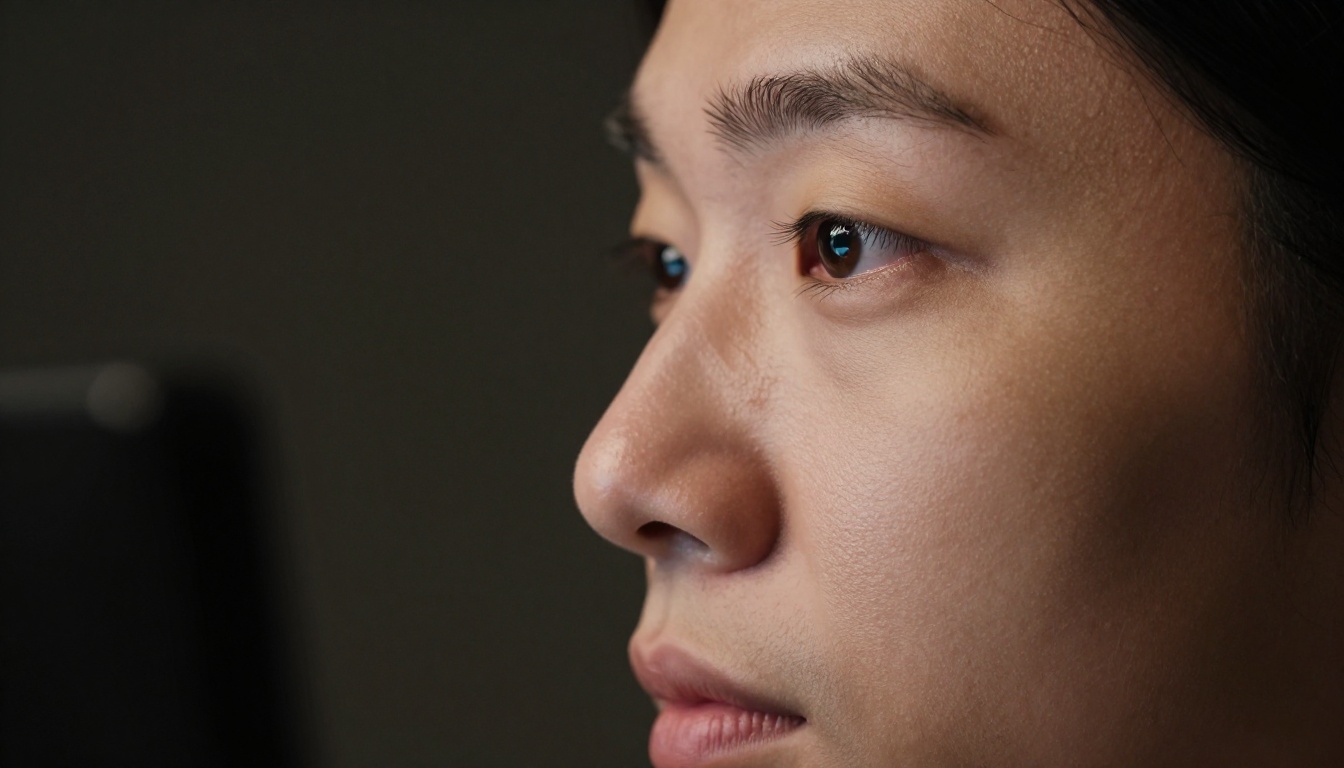 Close-up portrait of a creative professional, face illuminated by monitor glow, focused and thoughtful expression