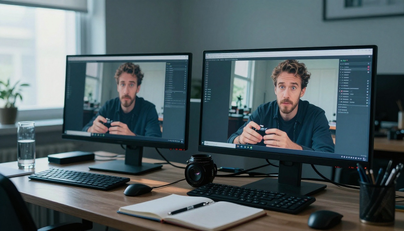 Dual monitors showing image-to-video animation workflow