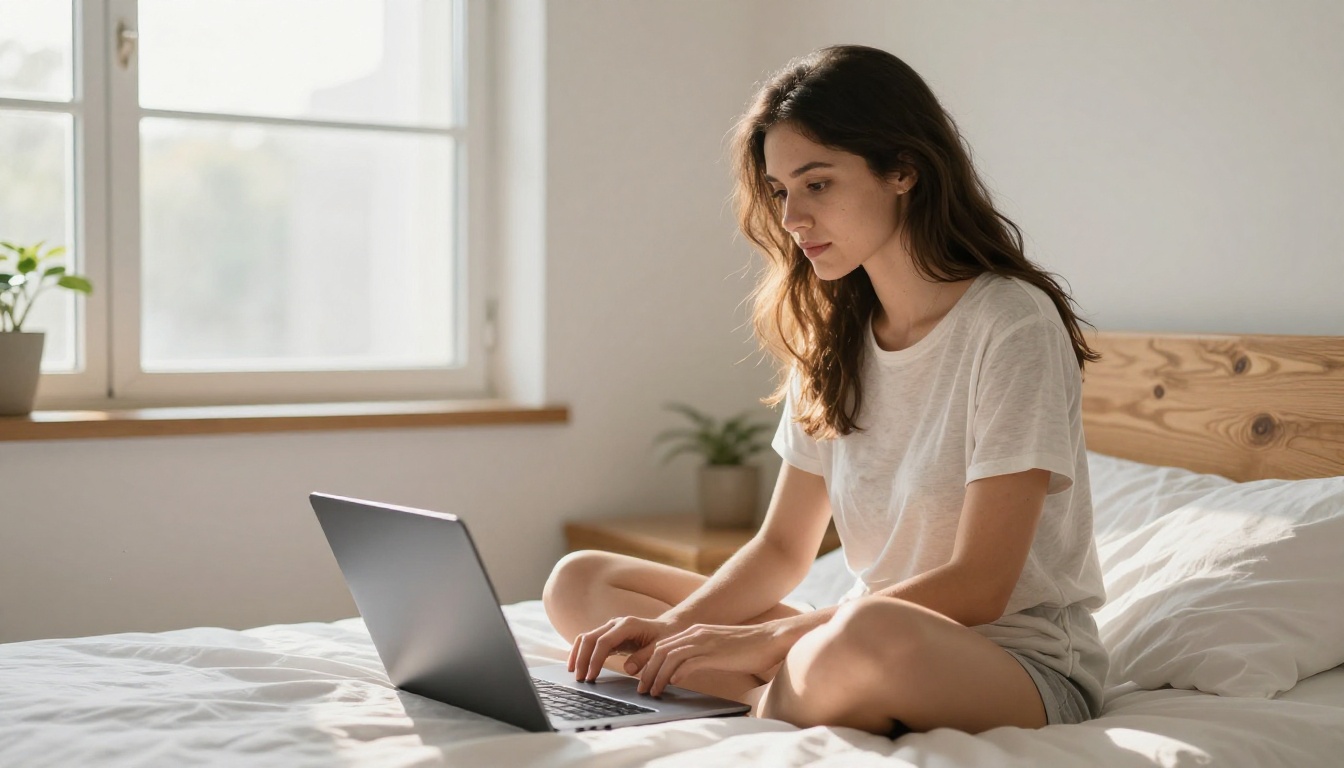 Woman reviewing AI-generated videos on a laptop in morning light Woman reviewing AI-generated videos on a laptop in morning light