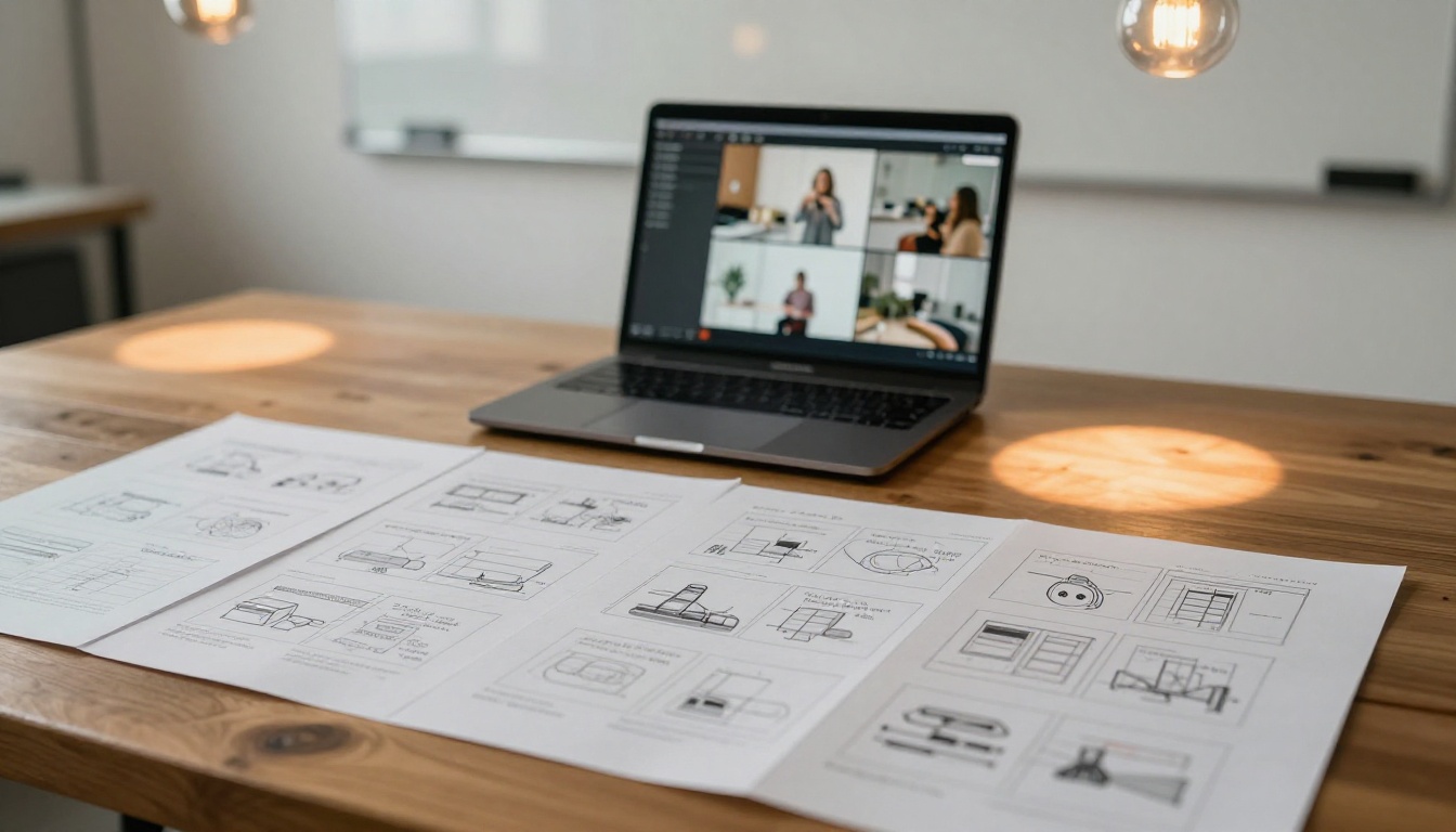Creative professional reviewing printed storyboard frames next to laptop Creative professional reviewing printed storyboard frames next to laptop
