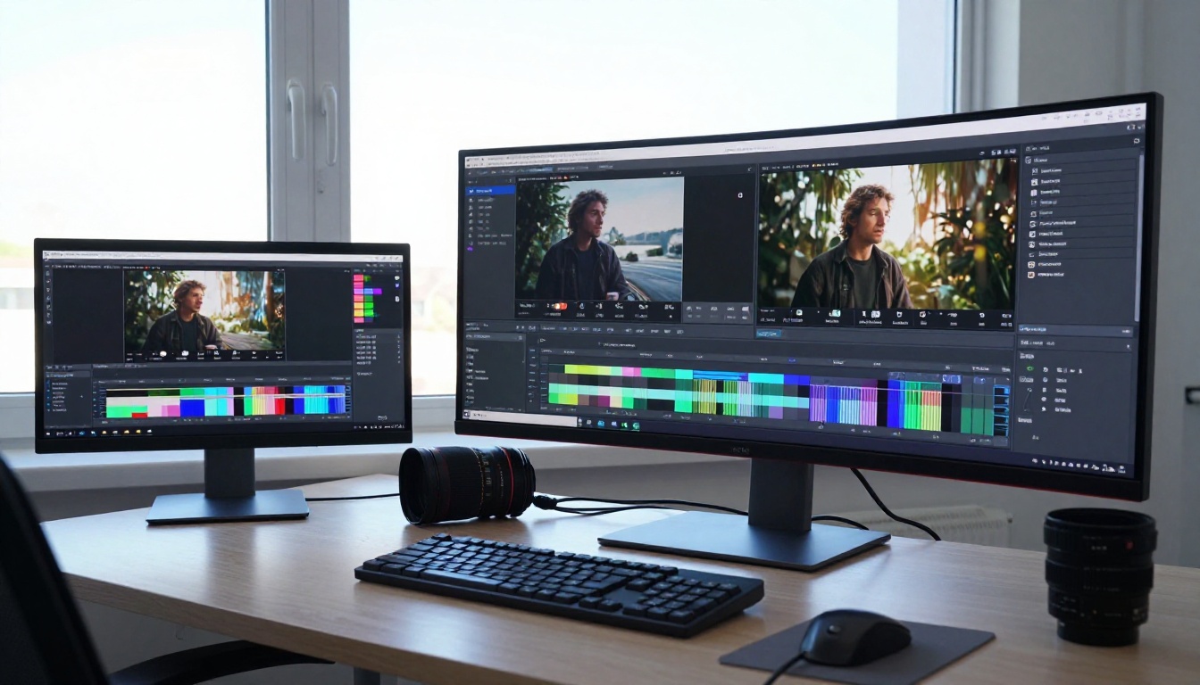 Wide shot of video editor workstation with multiple AI platforms open Wide shot of video editor workstation with multiple AI platforms open