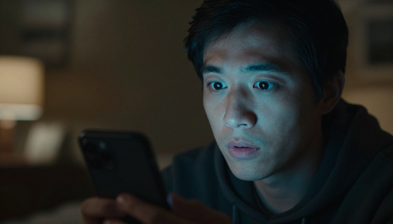 Person watching completed AI video on phone in a dimly lit room Person watching completed AI video on phone in a dimly lit room
