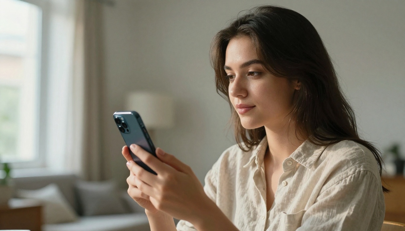 Young woman holding smartphone with vertical video content
