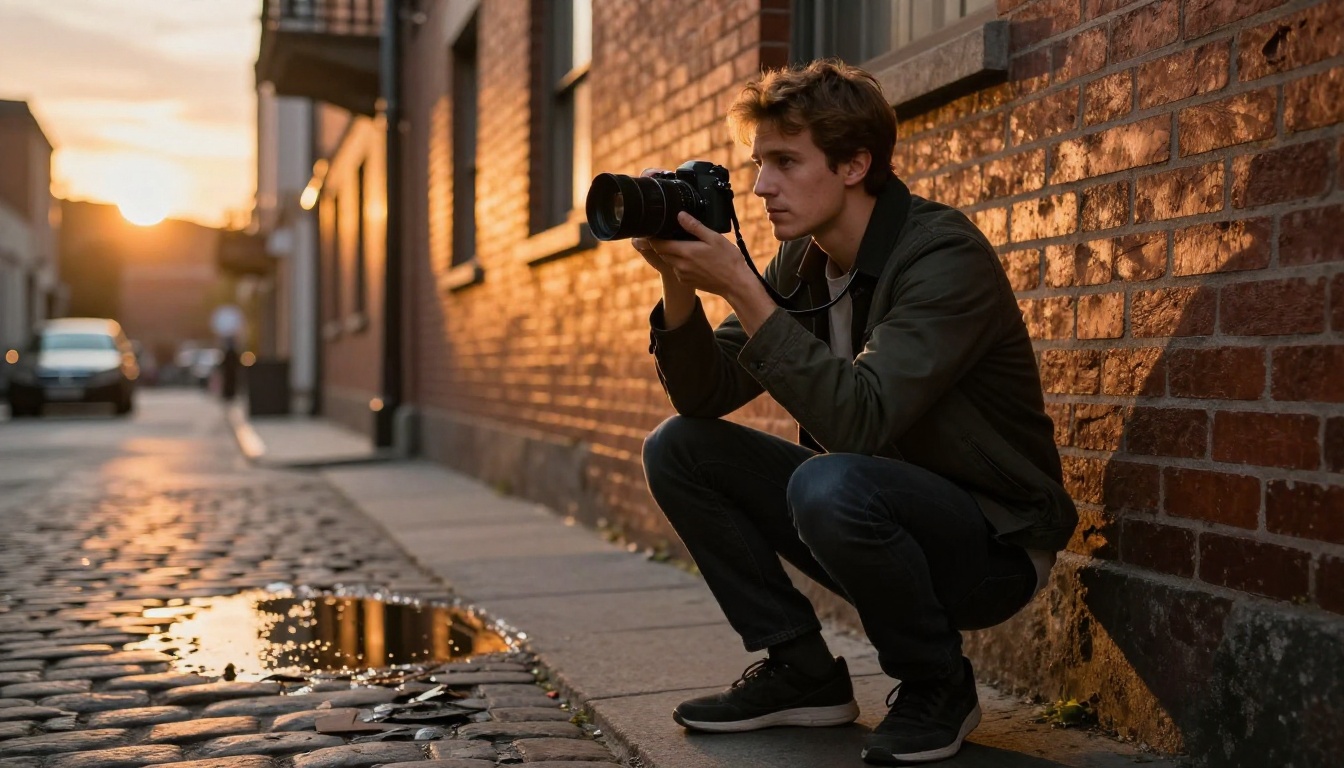 Photographer capturing vertical content in an urban alley at golden hour