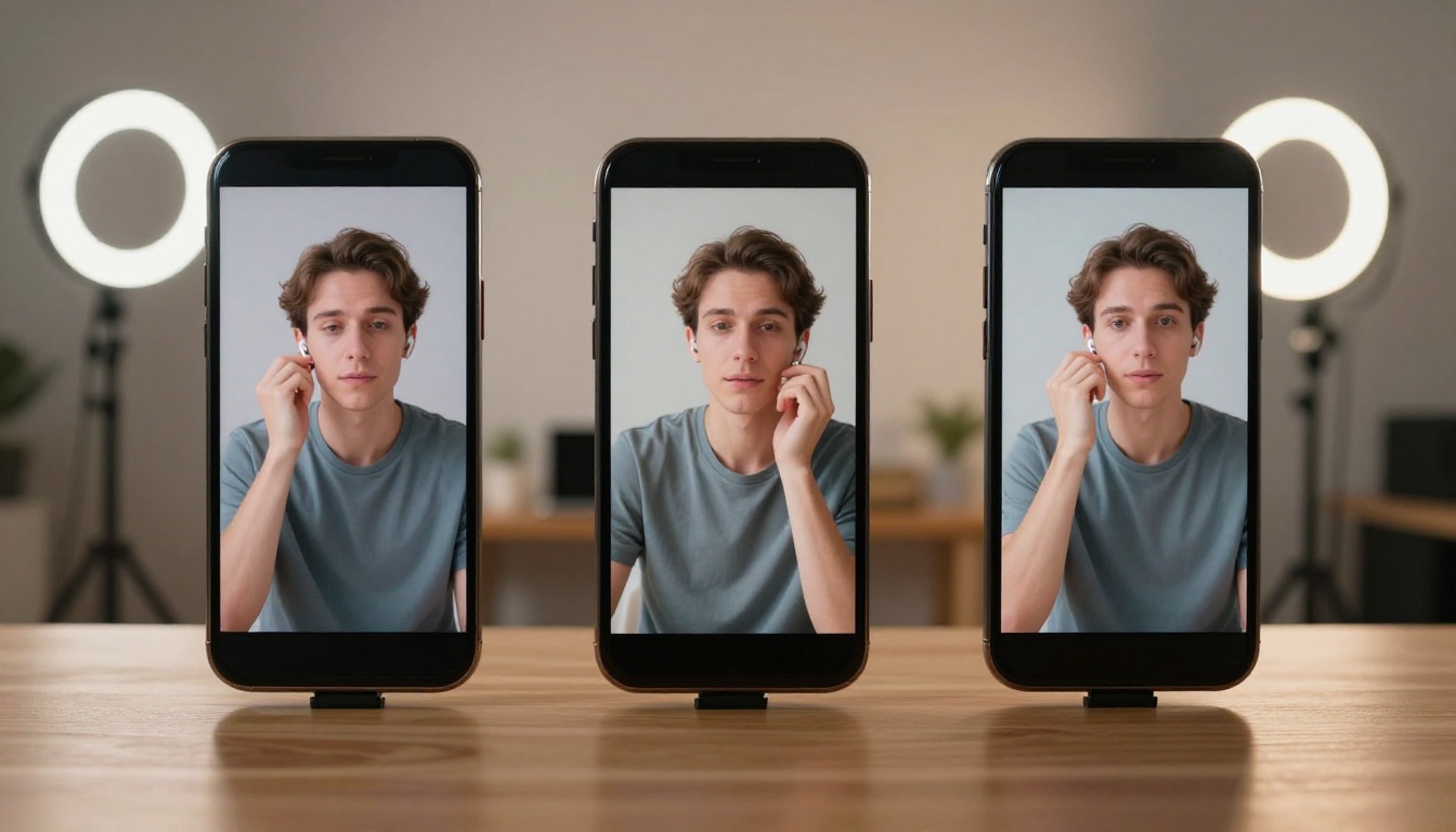 Content creator at standing desk with vertical smartphone screens