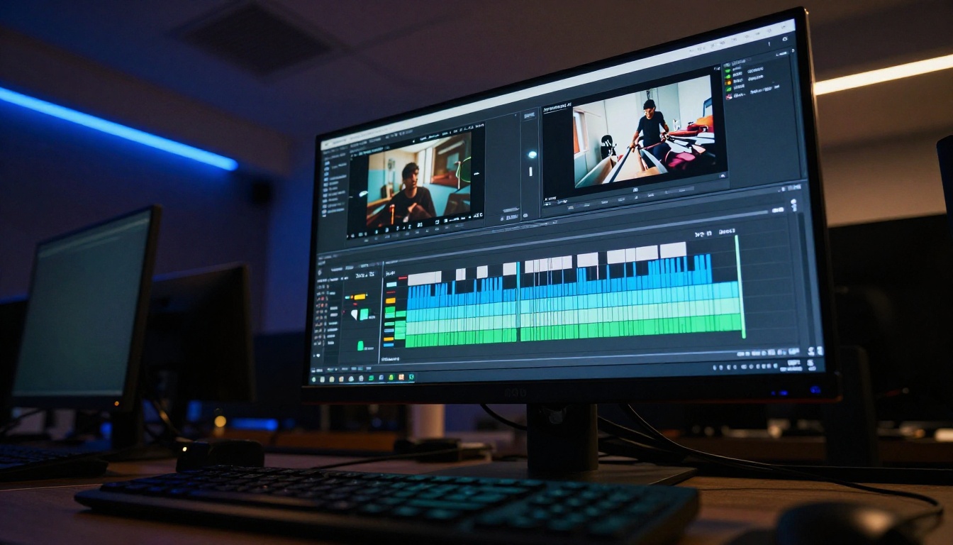 Professional video editing suite showing vertical format timeline