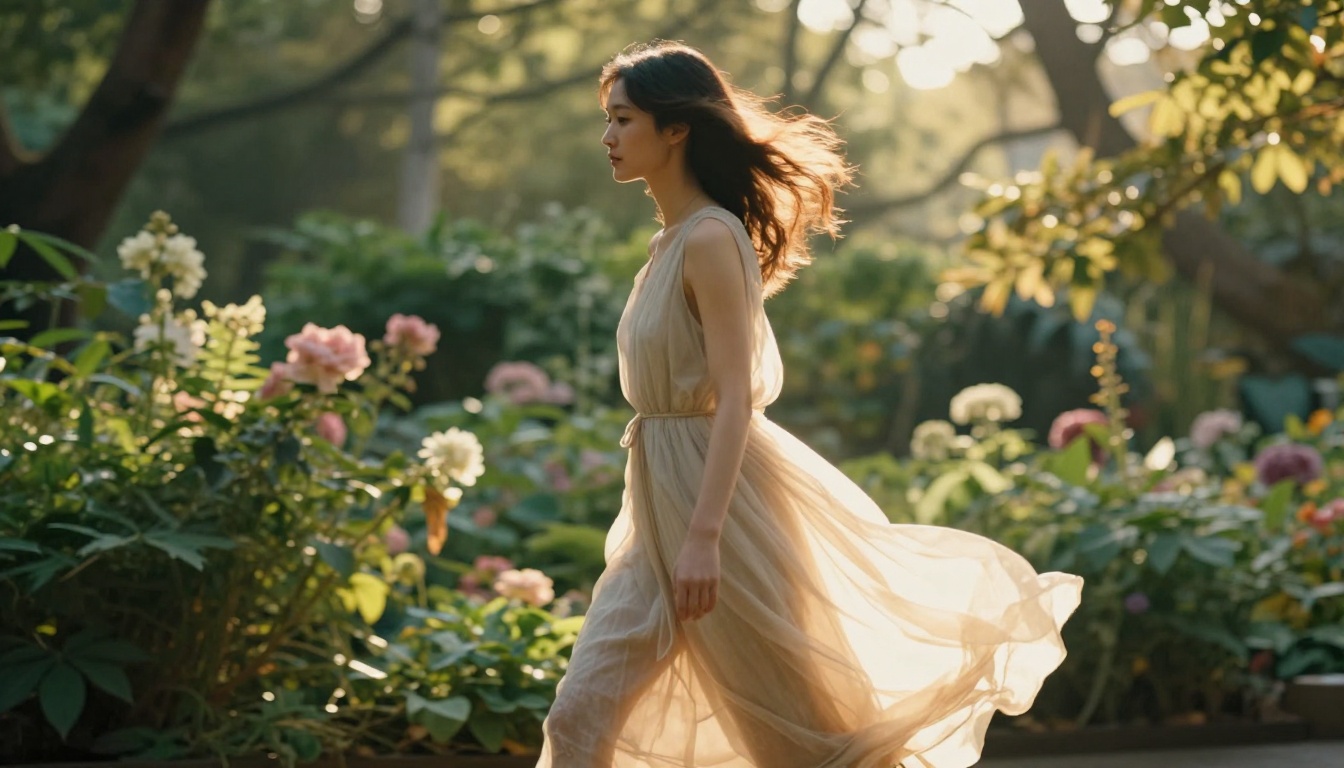 Elegant woman walking through a sunlit botanical garden