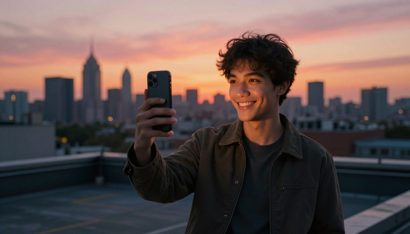 Confident man on a rooftop recording vertical video at sunset