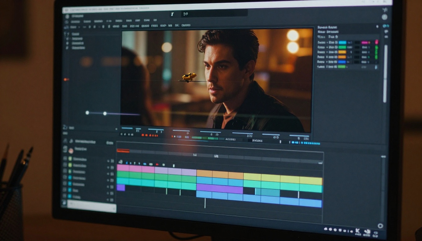 Close-up of video editing timeline on a professional monitor