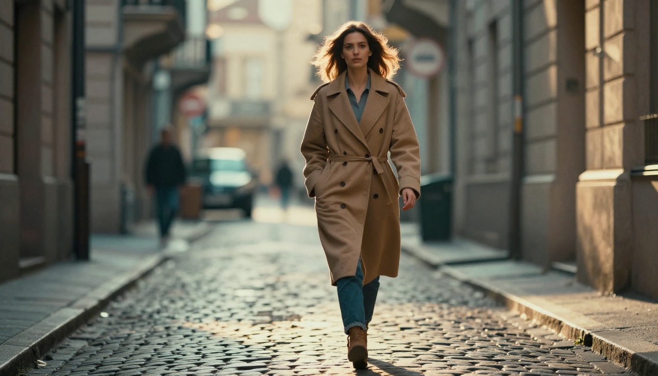 Woman walking through urban alley with motion blur and golden light