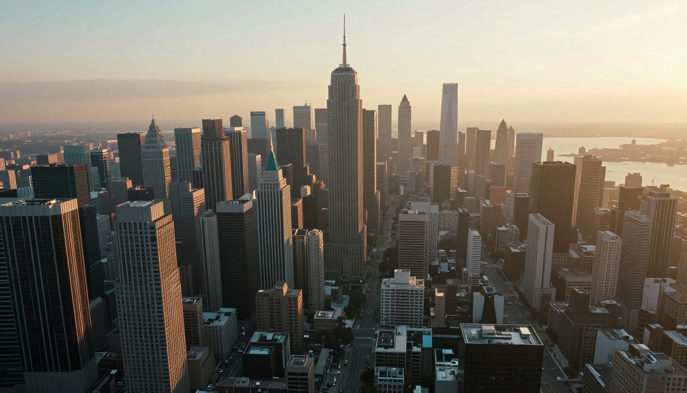Aerial establishing shot of city skyline at golden hour
