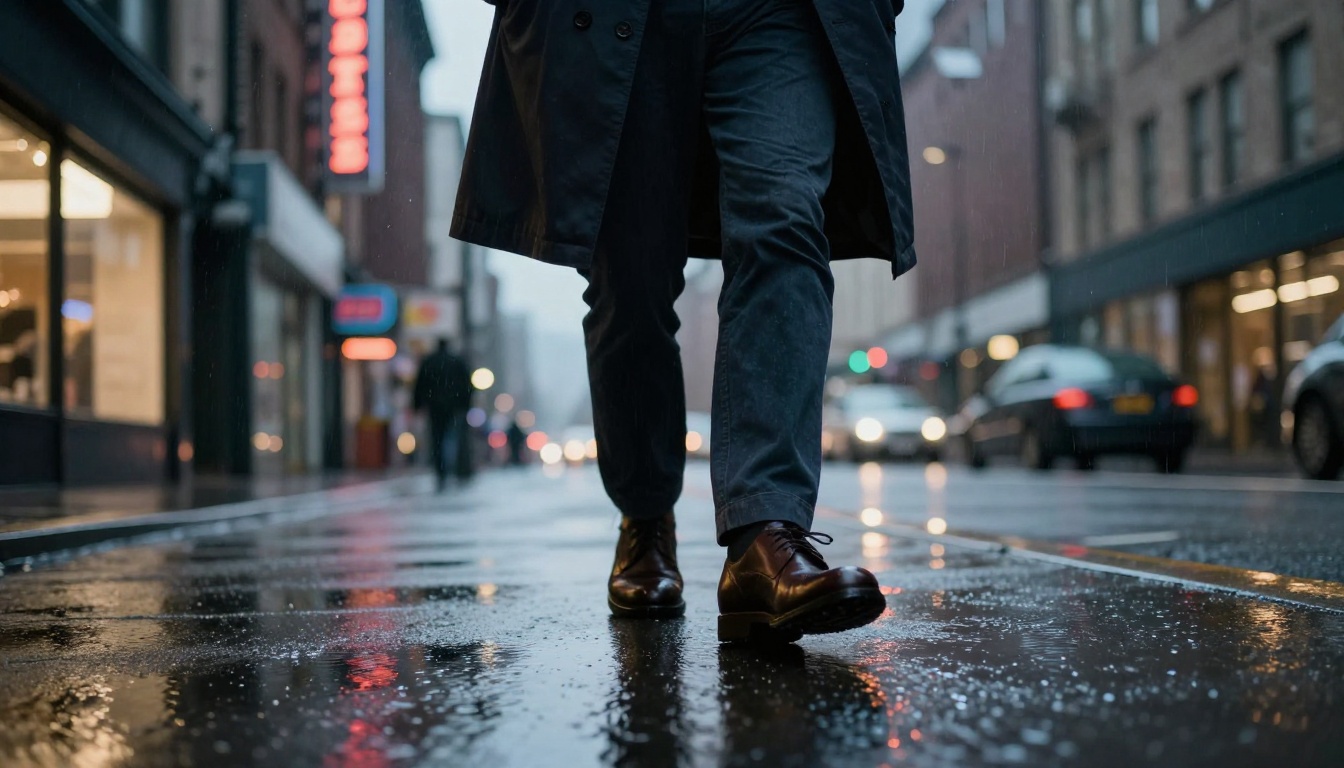 Low-angle cinematic street shot with rain reflections and dramatic shadows