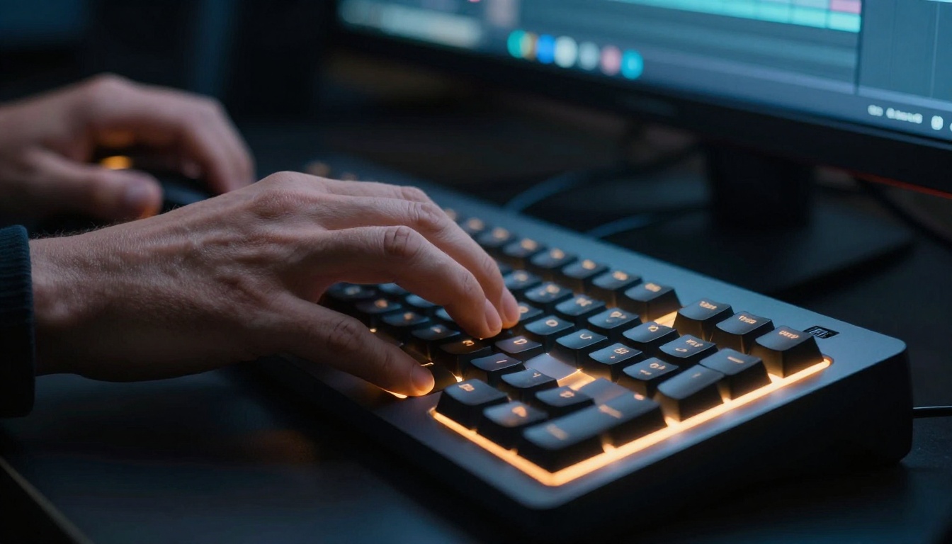Professional video editor hands on keyboard and trackball in color grading suite