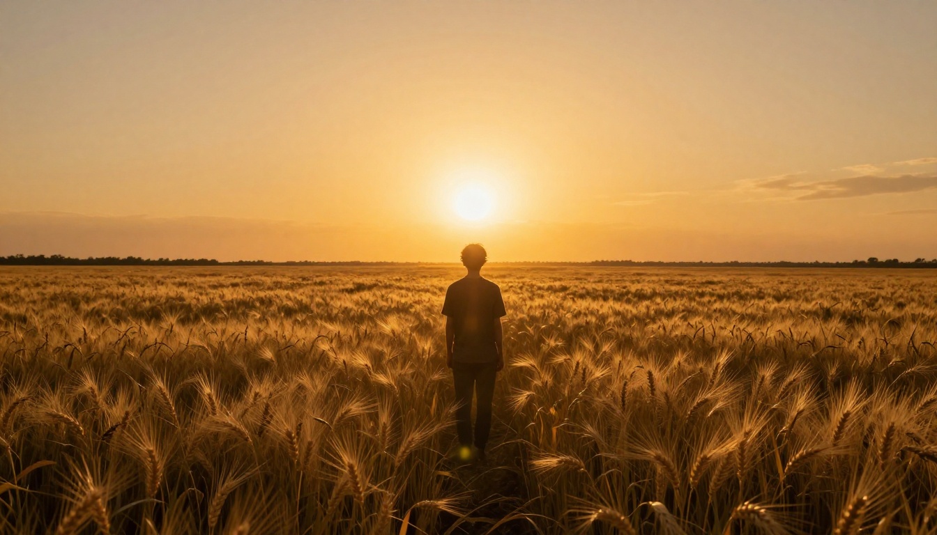 Cinematic backlit figure in golden wheat field with anamorphic lens flare