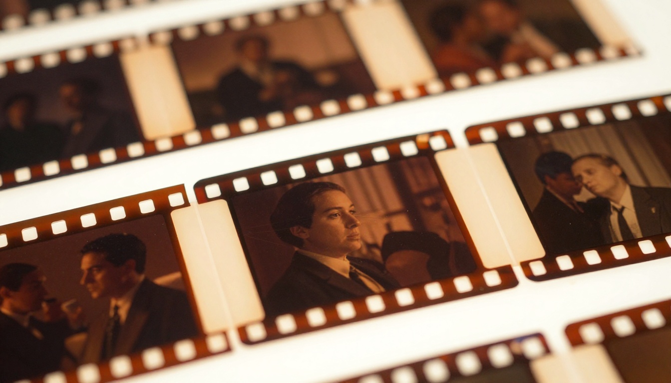 Close-up of 35mm film strip on a light table with visible photographic grain