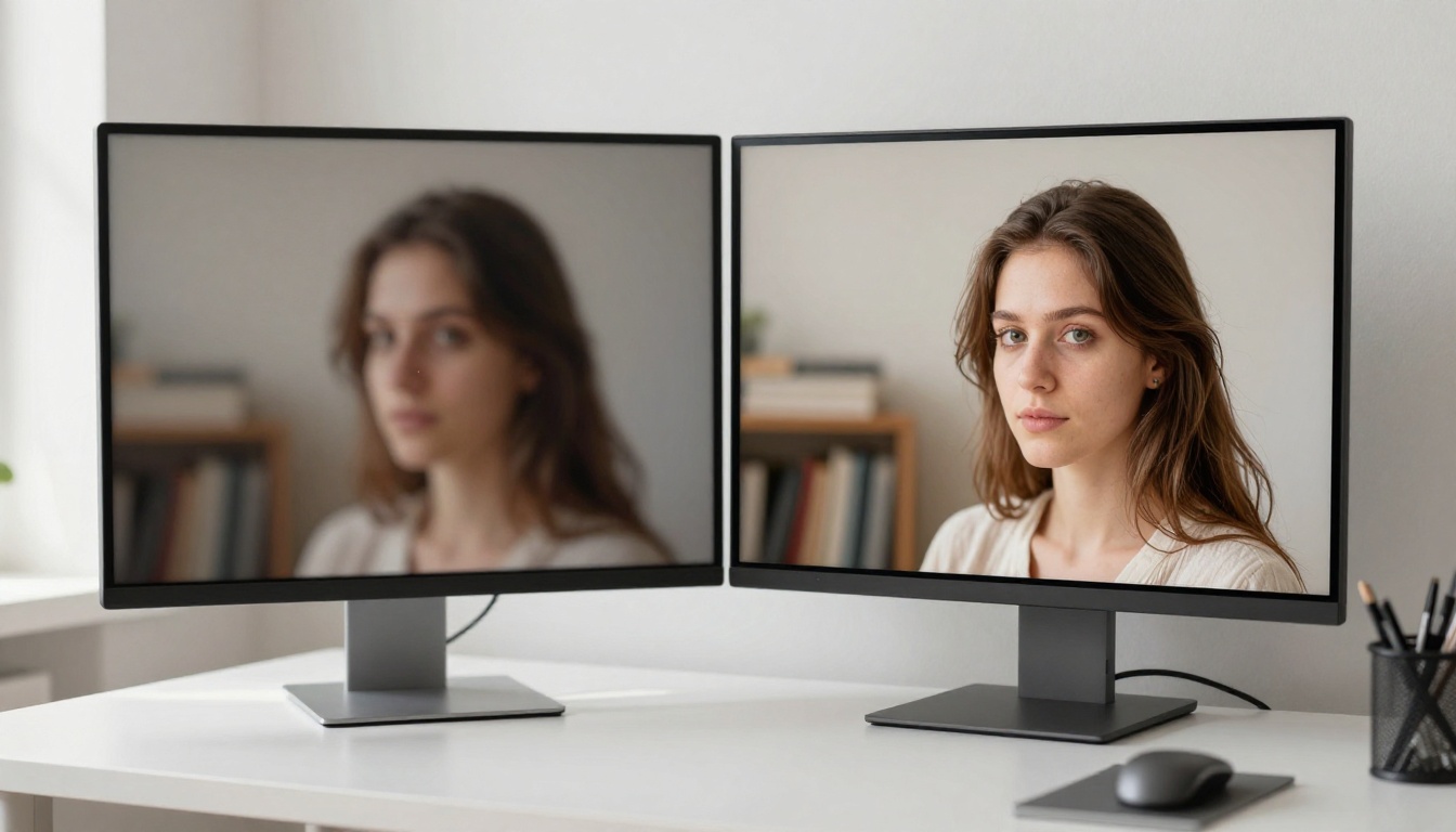 Before and after comparison on a professional monitor showing blurry original versus crisp upscaled image