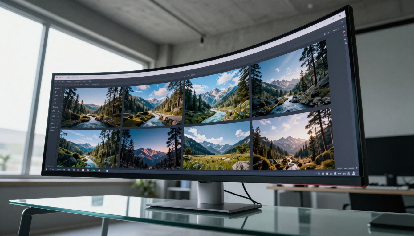 Low-angle shot of ultrawide monitor displaying a grid of photorealistic AI-generated landscape photographs