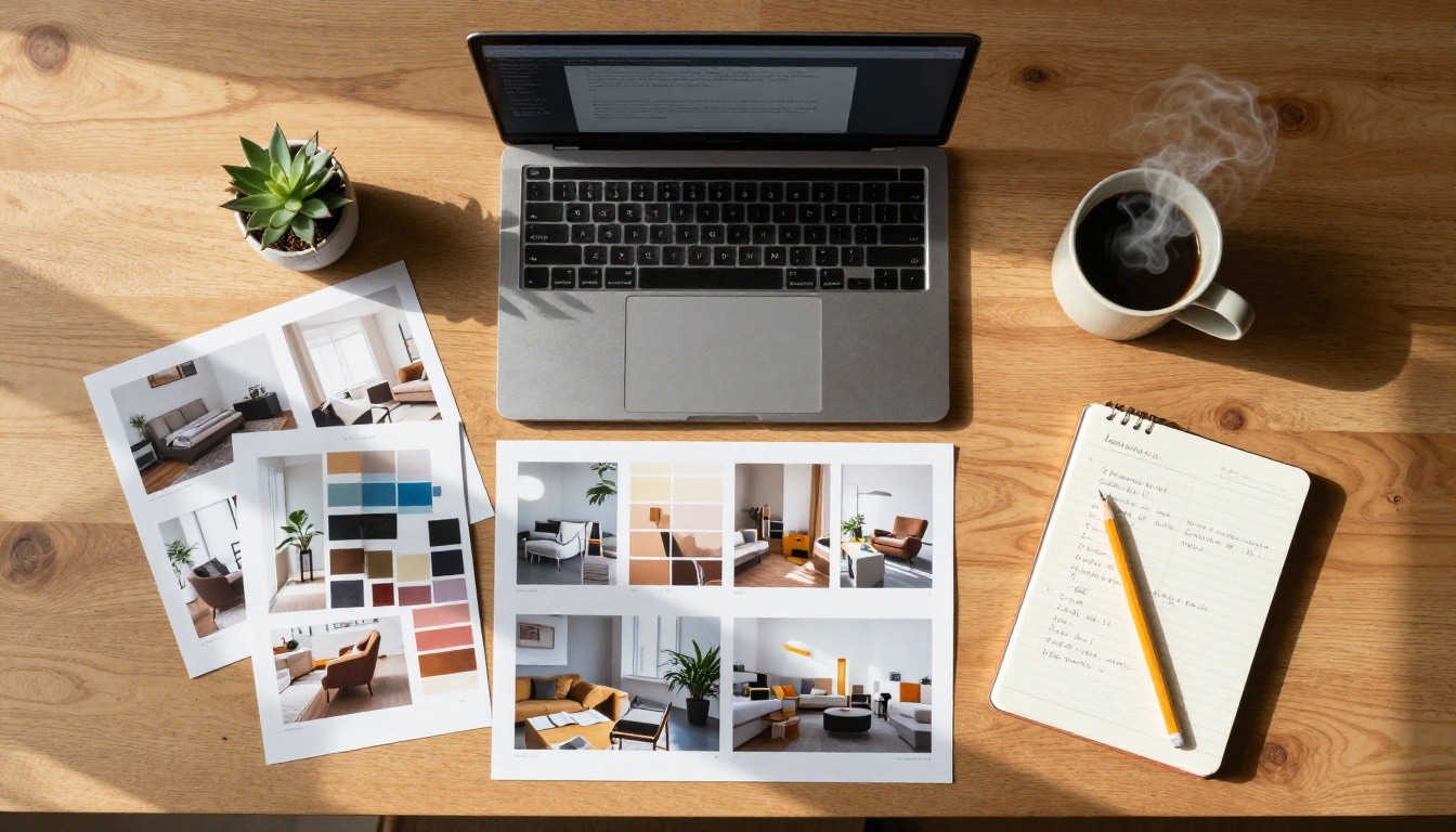 Aerial flat-lay workspace with printed reference images and open laptop showing text-to-image interface