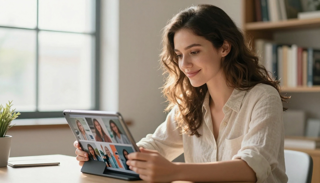 Creative professional reviewing AI-generated photographs on a tablet at a bright minimal desk