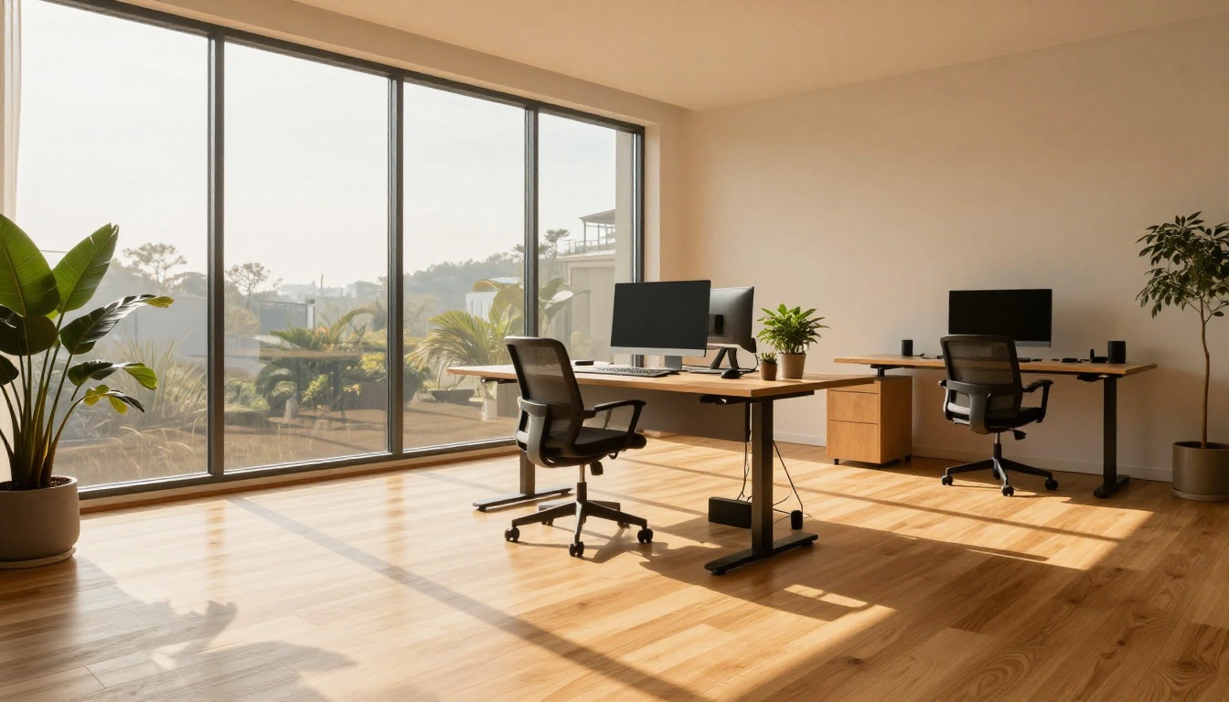Modern home office interior with floor-to-ceiling windows and warm afternoon golden light on a standing desk setup