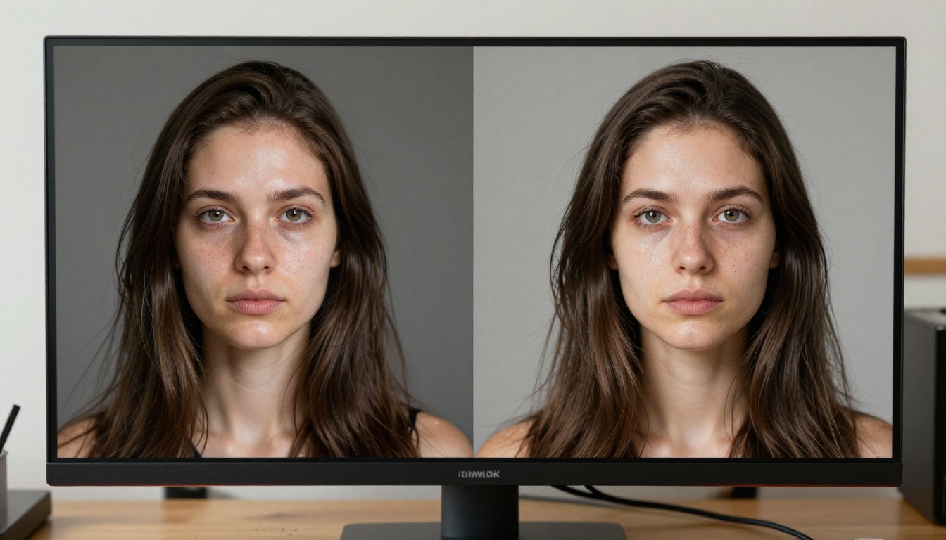 AI comparison showing real vs artificial image artifacts on a monitor screen AI comparison showing real vs artificial image artifacts on a monitor screen