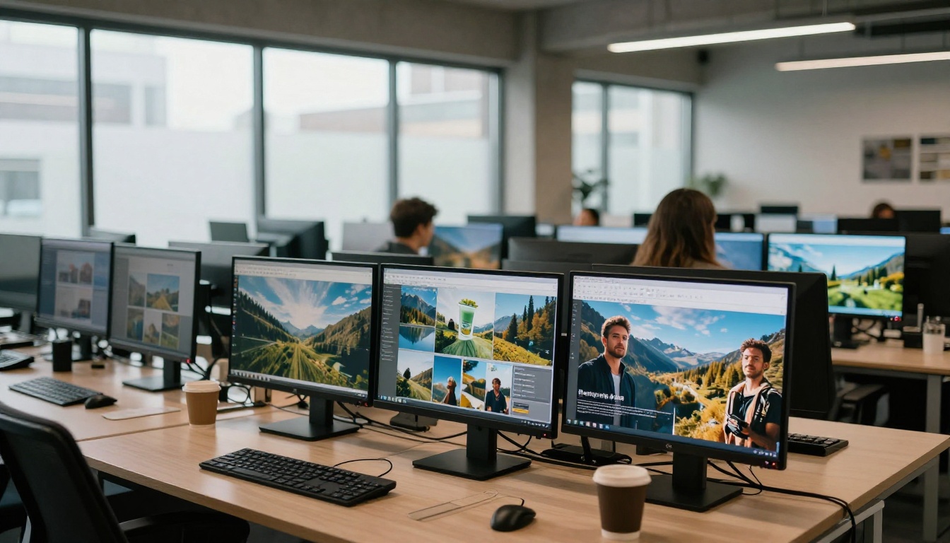 Modern creative agency workspace with multiple monitors displaying diverse photorealistic AI-generated content