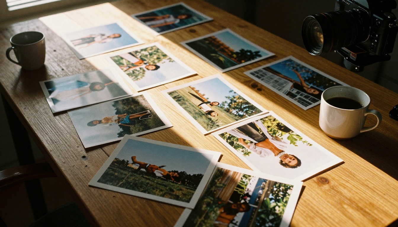 Overhead view of a photography workspace with scattered prints showing AI artifacts alongside natural photos Overhead view of a photography workspace with scattered prints showing AI artifacts alongside natural photos