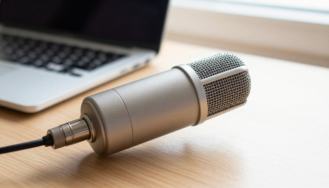 Professional USB condenser microphone on desk with natural window light and bokeh background