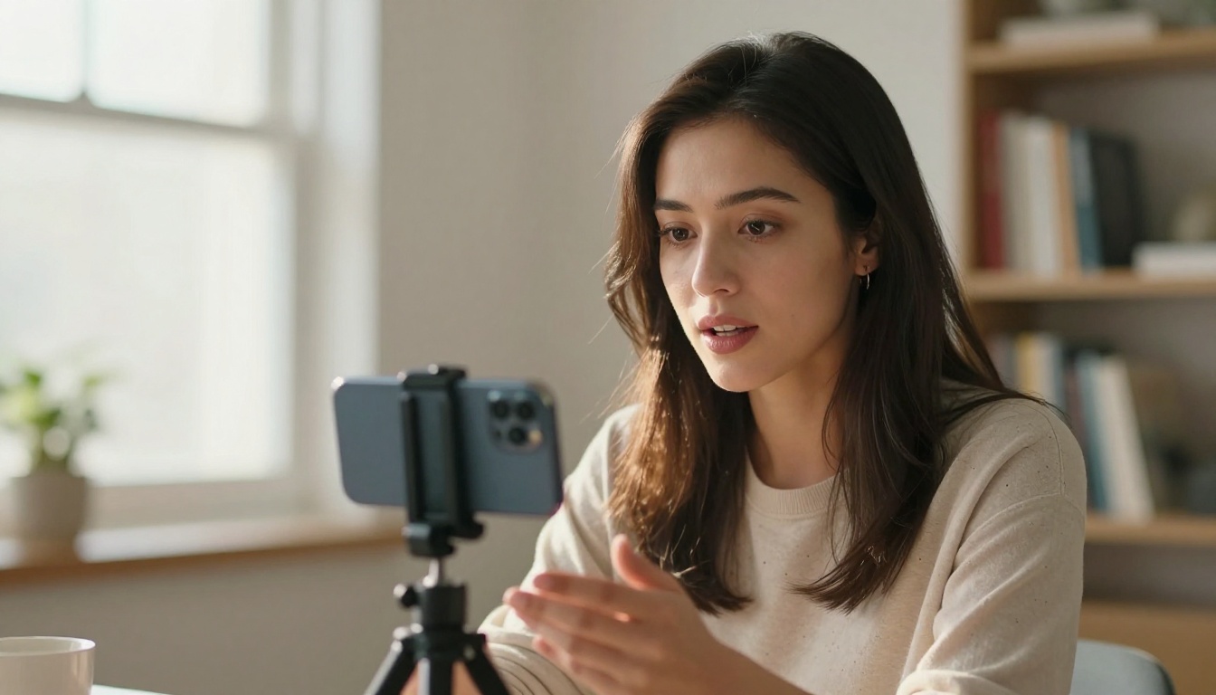 Young professional woman recording herself on smartphone mounted on desktop tripod, natural afternoon window light