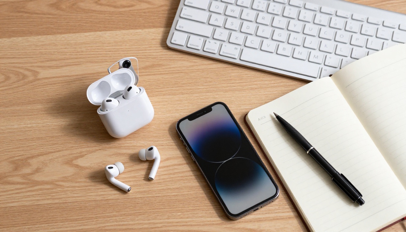 Overhead flat-lay of minimalist desk setup with webcam, keyboard, notebook and smartphone