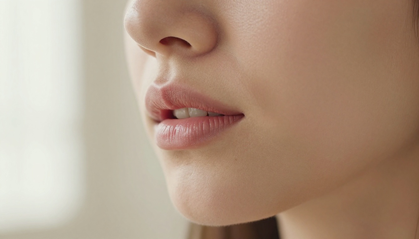 Extreme close-up of woman's lips mid-speech with soft window light revealing skin texture