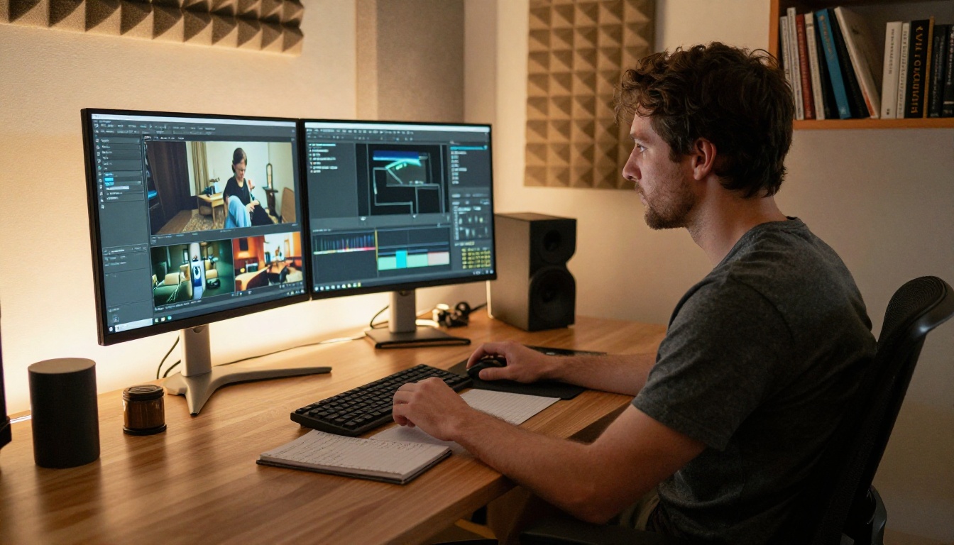 Professional man reviewing footage on large monitor in modern home studio with warm lamp light
