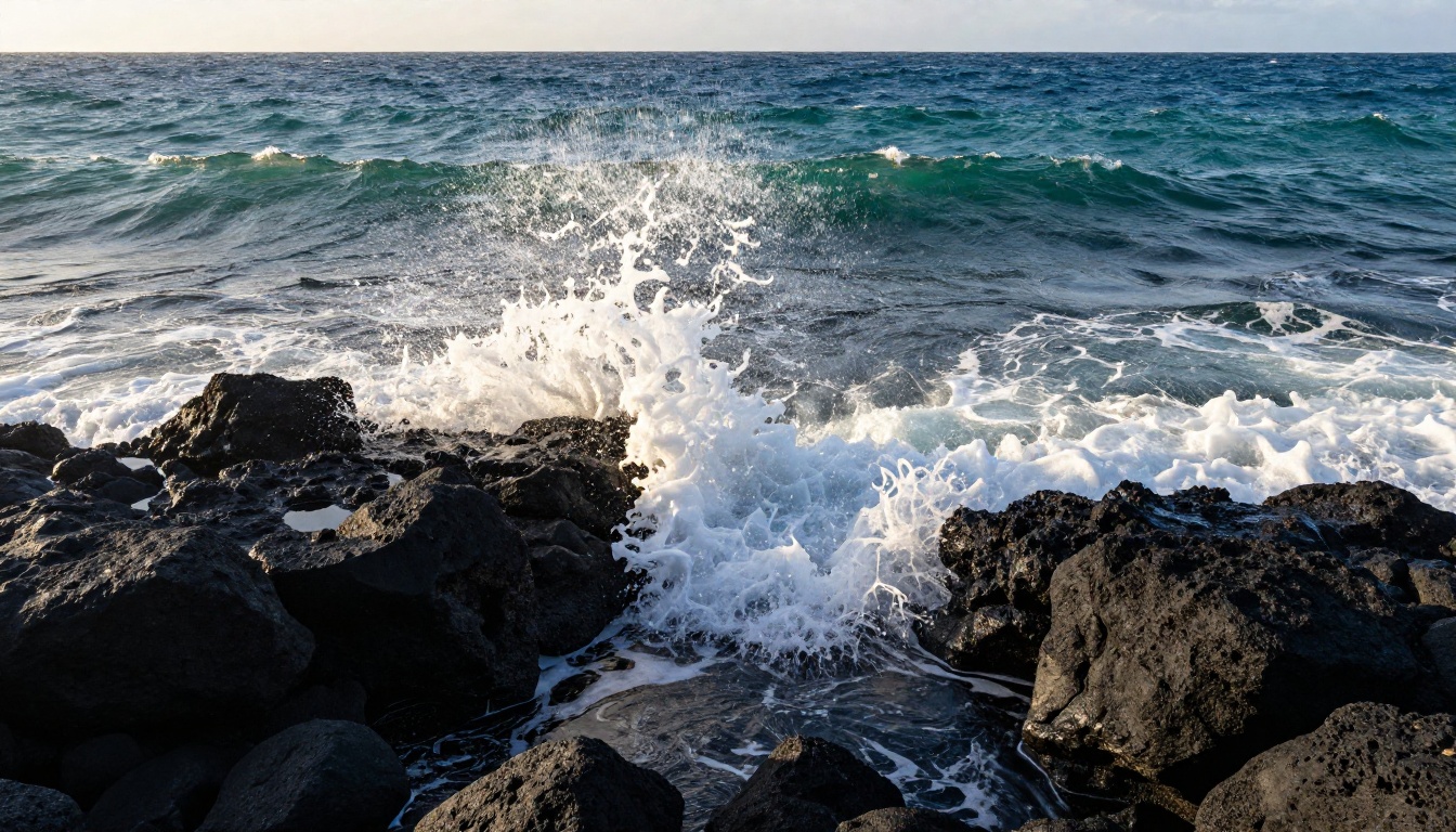 A dramatic ocean wave frozen mid-crash, the water beginning to shimmer with motion