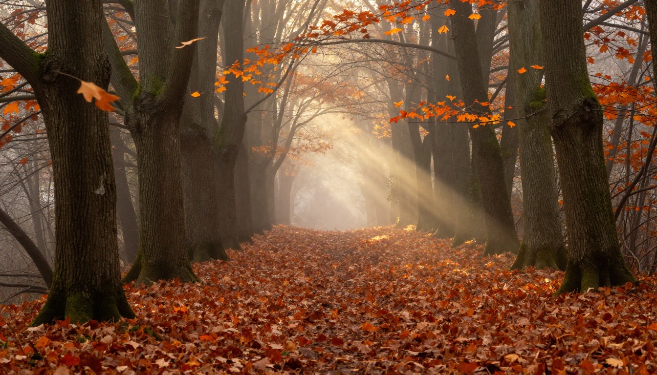An autumn forest path where individual leaves begin to tremble in a soft breeze