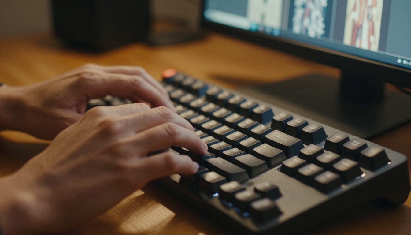 Close-up of hands typing on backlit mechanical keyboard with secondary monitor softly blurred in background