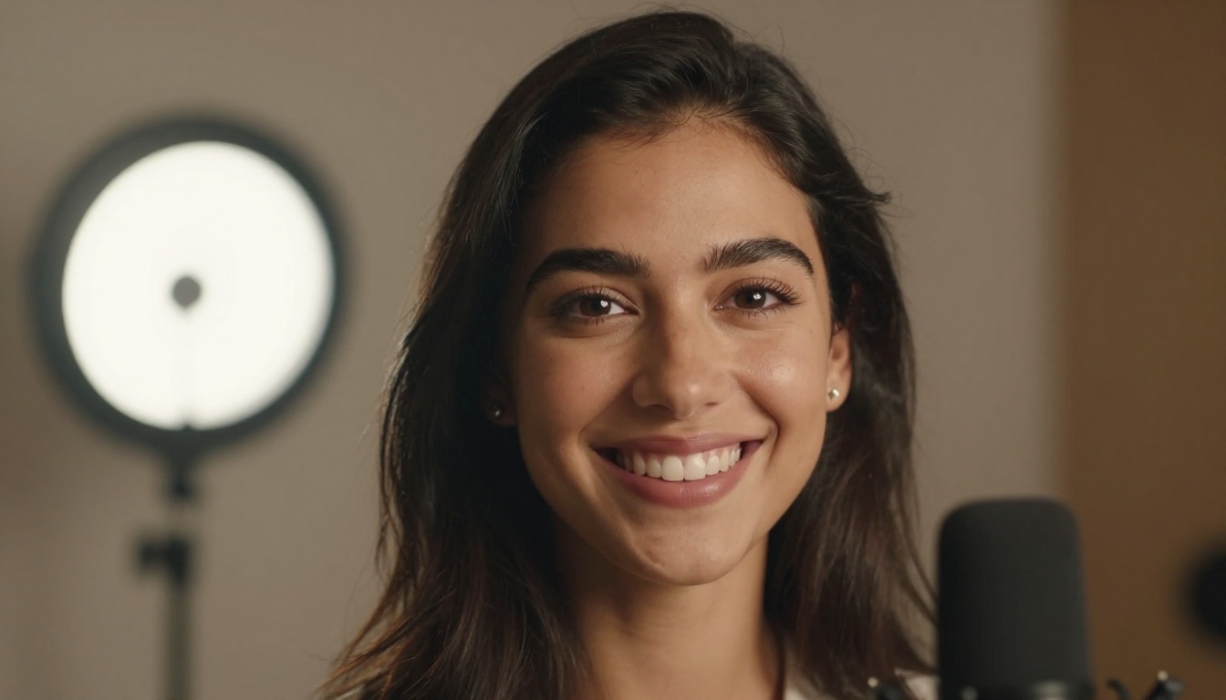 Young woman smiling at camera with subtle ring light catchlights in eyes and microphone in background
