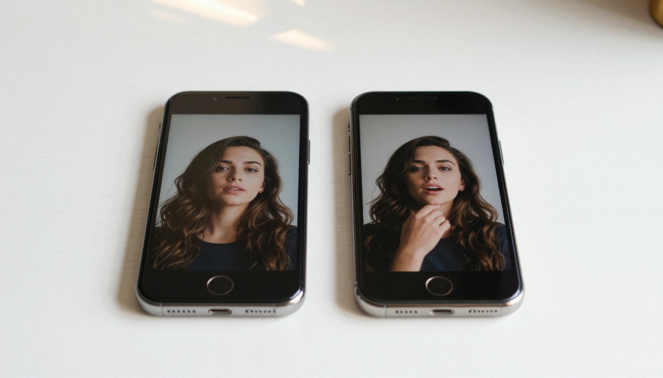 Two smartphones side by side showing before and after portrait photos of same woman