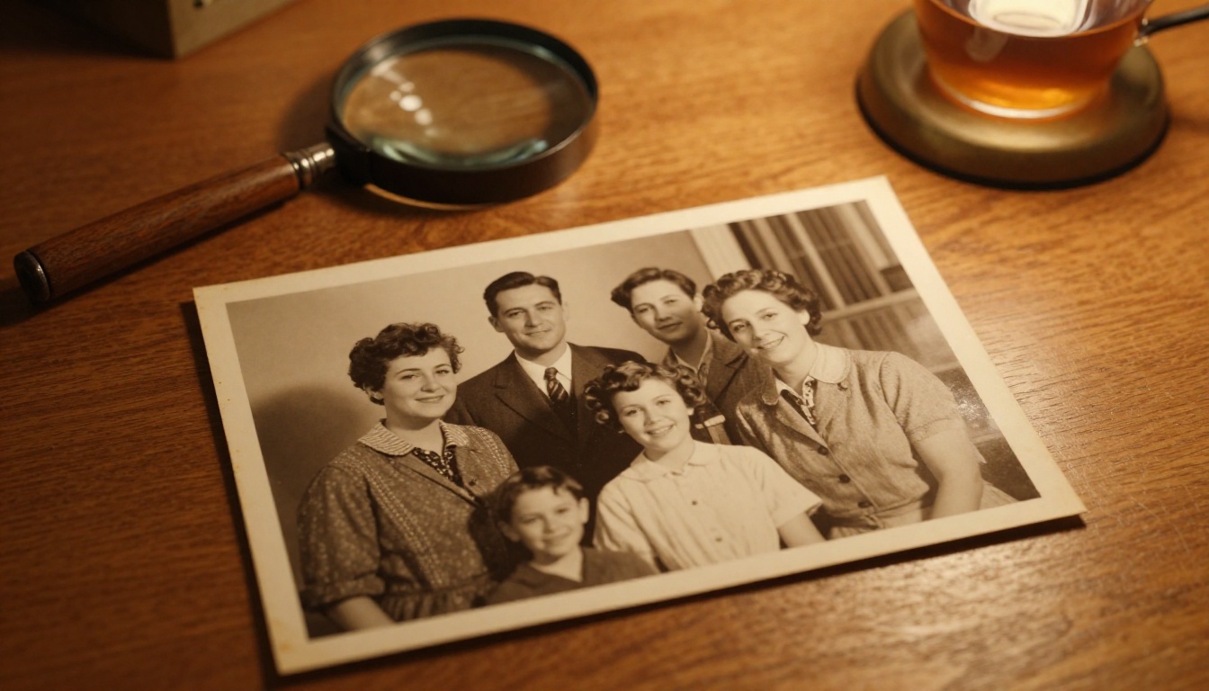 A vintage 1950s family photograph resting on a wooden table, the subjects beginning to move A vintage 1950s family photograph resting on a wooden table, the subjects beginning to move