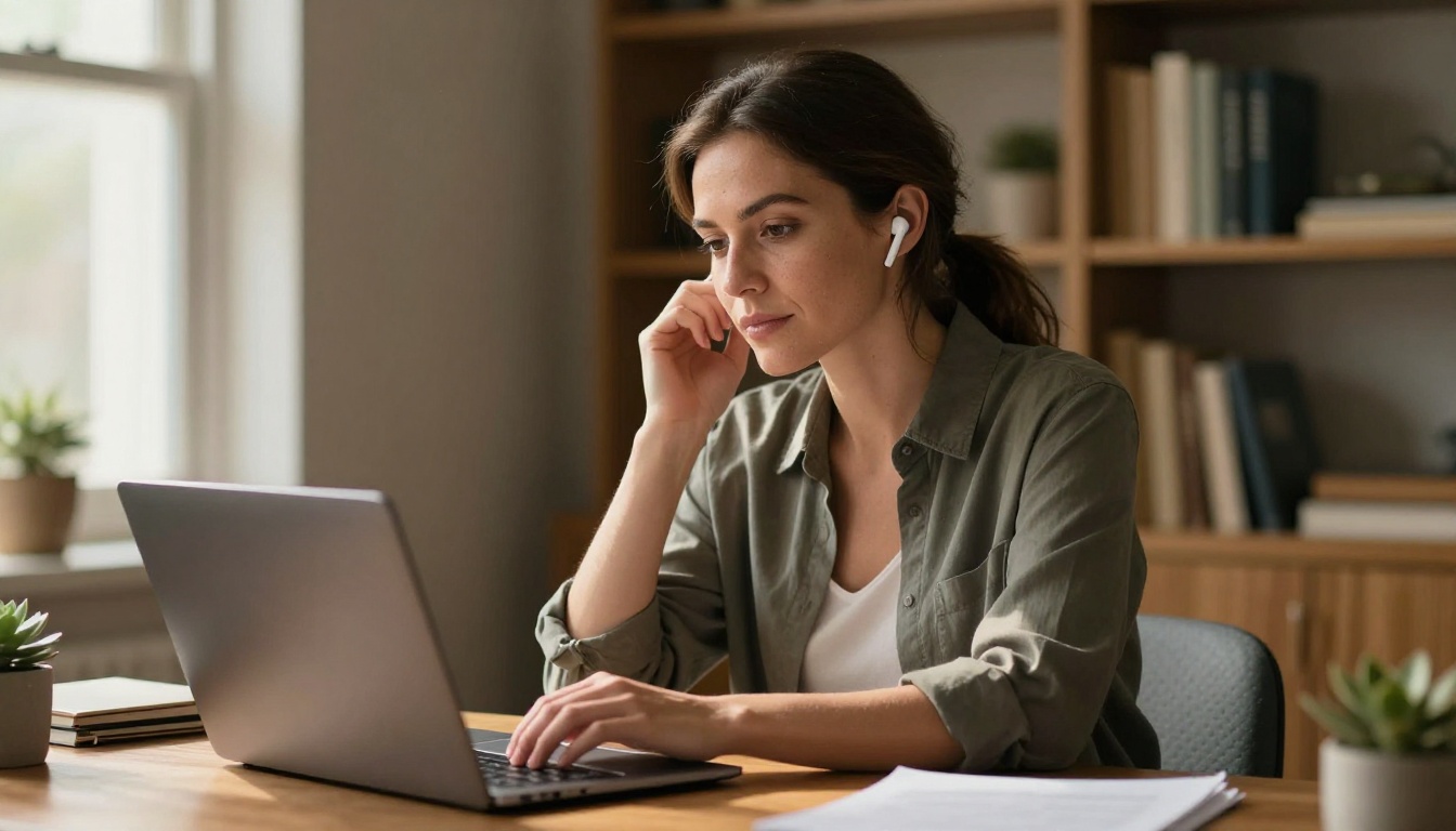 Woman seated at warm home office desk listening through wireless earbuds, thoughtful expression