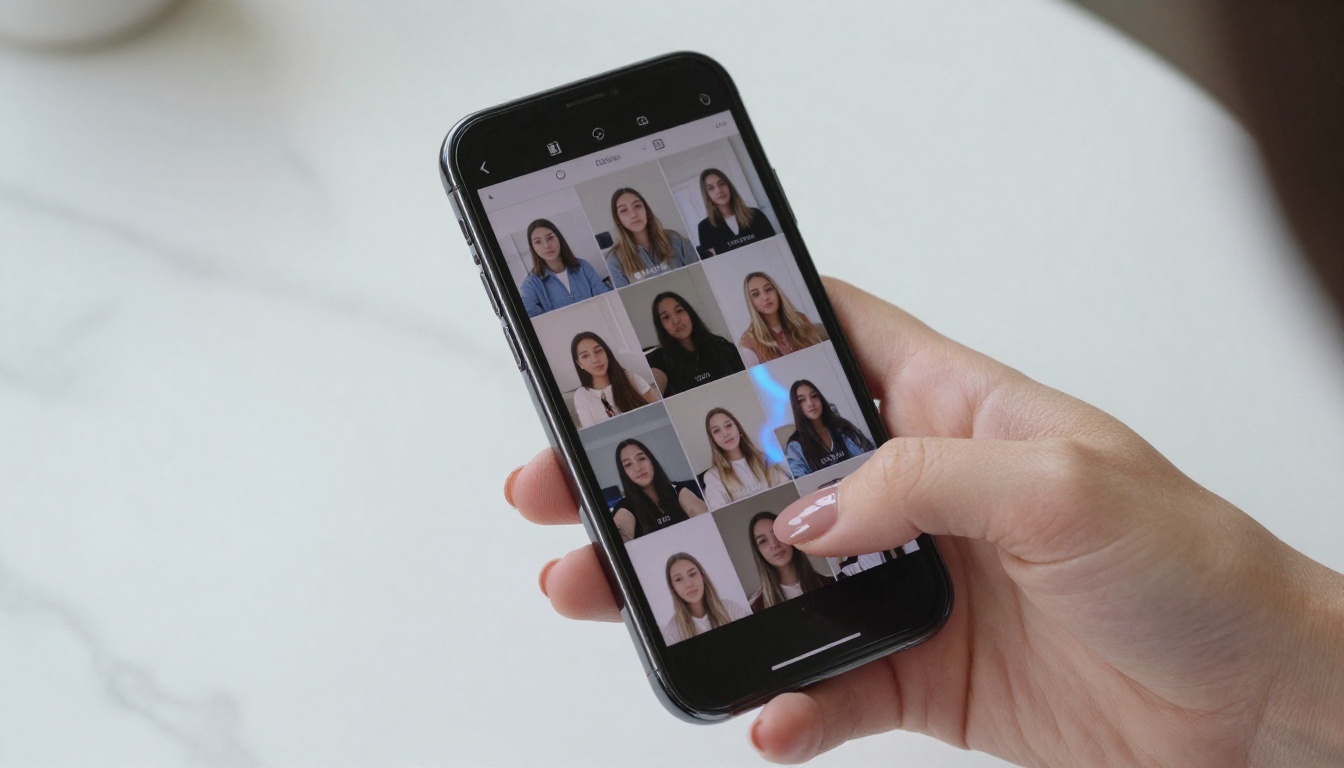 A hand scrolling through a reel feed on a smartphone over a marble surface