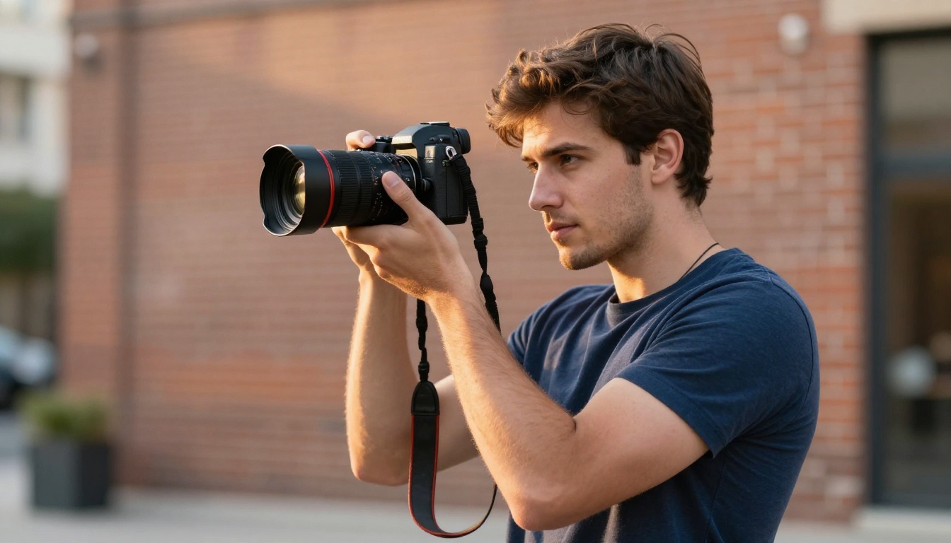 Low-angle shot of a videographer holding a mirrorless camera in an urban courtyard at golden hour