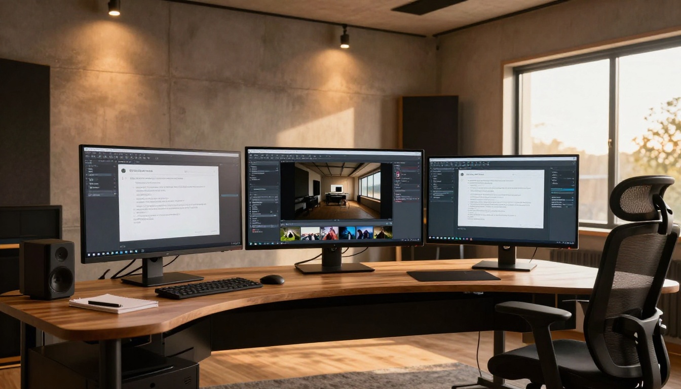 Modern home studio with three monitors showing an AI video generation interface