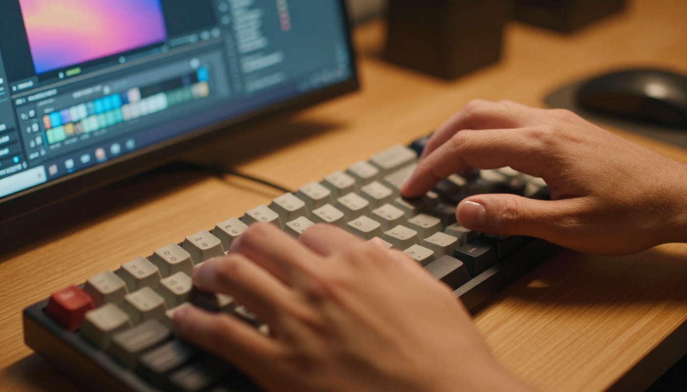 Close-up of fingertips typing on a mechanical keyboard with a bokeh monitor background