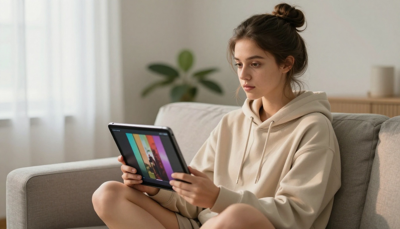 Young woman sitting cross-legged on a couch watching reels on a tablet