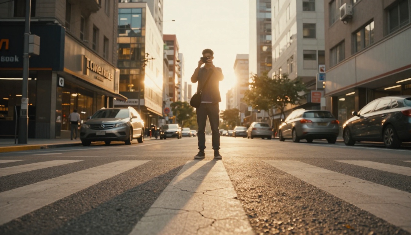 Content creator filming themselves on a city street at golden hour