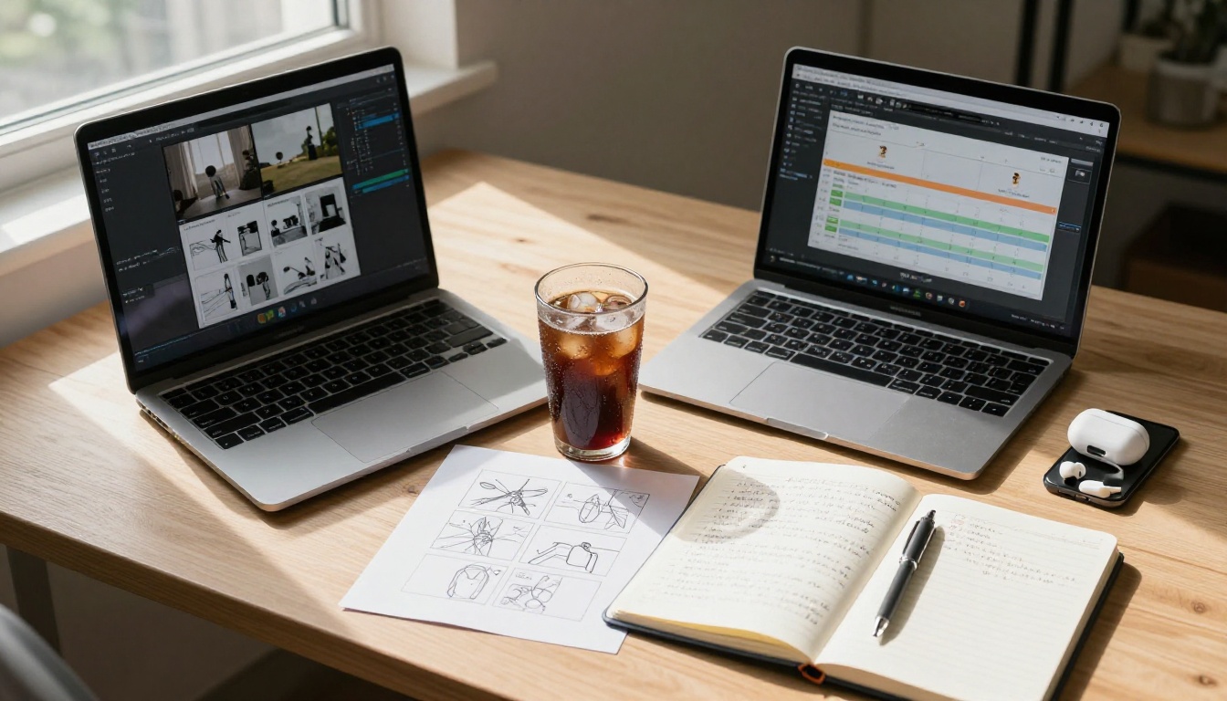 Overhead flat lay of a creator's workspace with MacBook, notebook, storyboard, and iced coffee