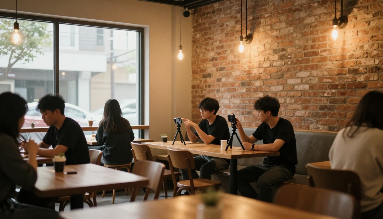 Two content creators in a coffee shop setting up a phone on a small tripod