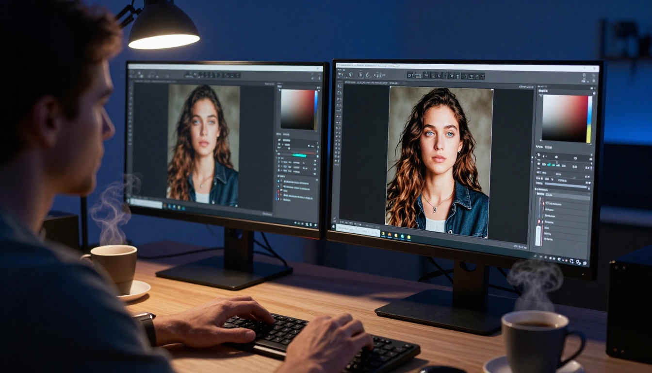Professional photo editor working at dual monitors comparing before and after image corrections at night