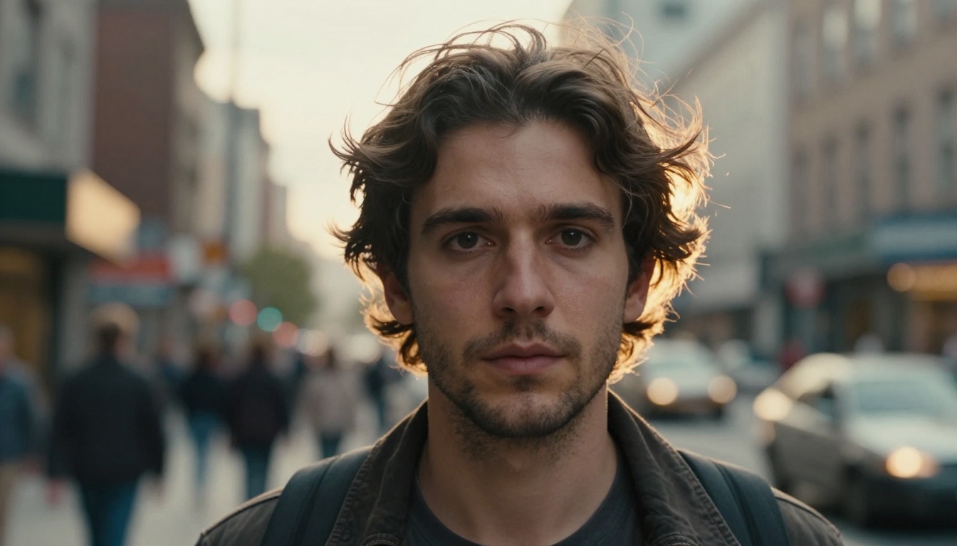 Dramatic urban portrait showing realistic male subject with authentic skin texture and golden hour rim lighting