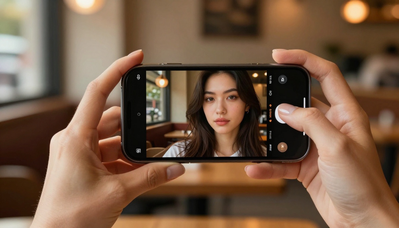 Smartphone displaying a highly realistic AI portrait held in a coffee shop with natural warm ambient lighting